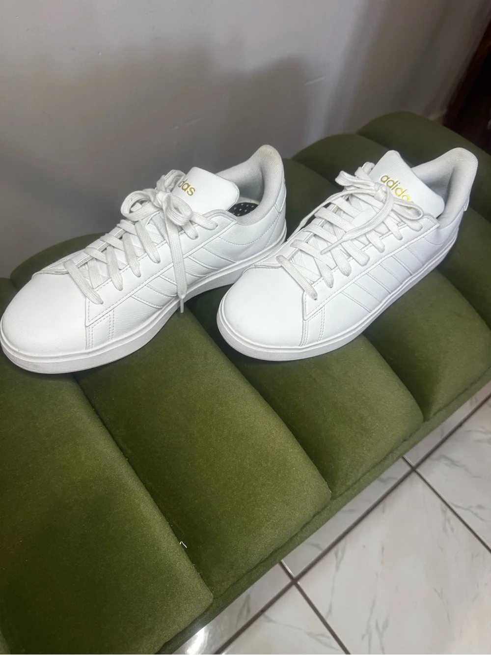adidas White Sneakers with Gold Script Logo